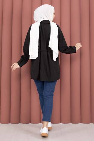 Alin Bel Ayarlı Düğmeli Gömlek Siyah - Thumbnail