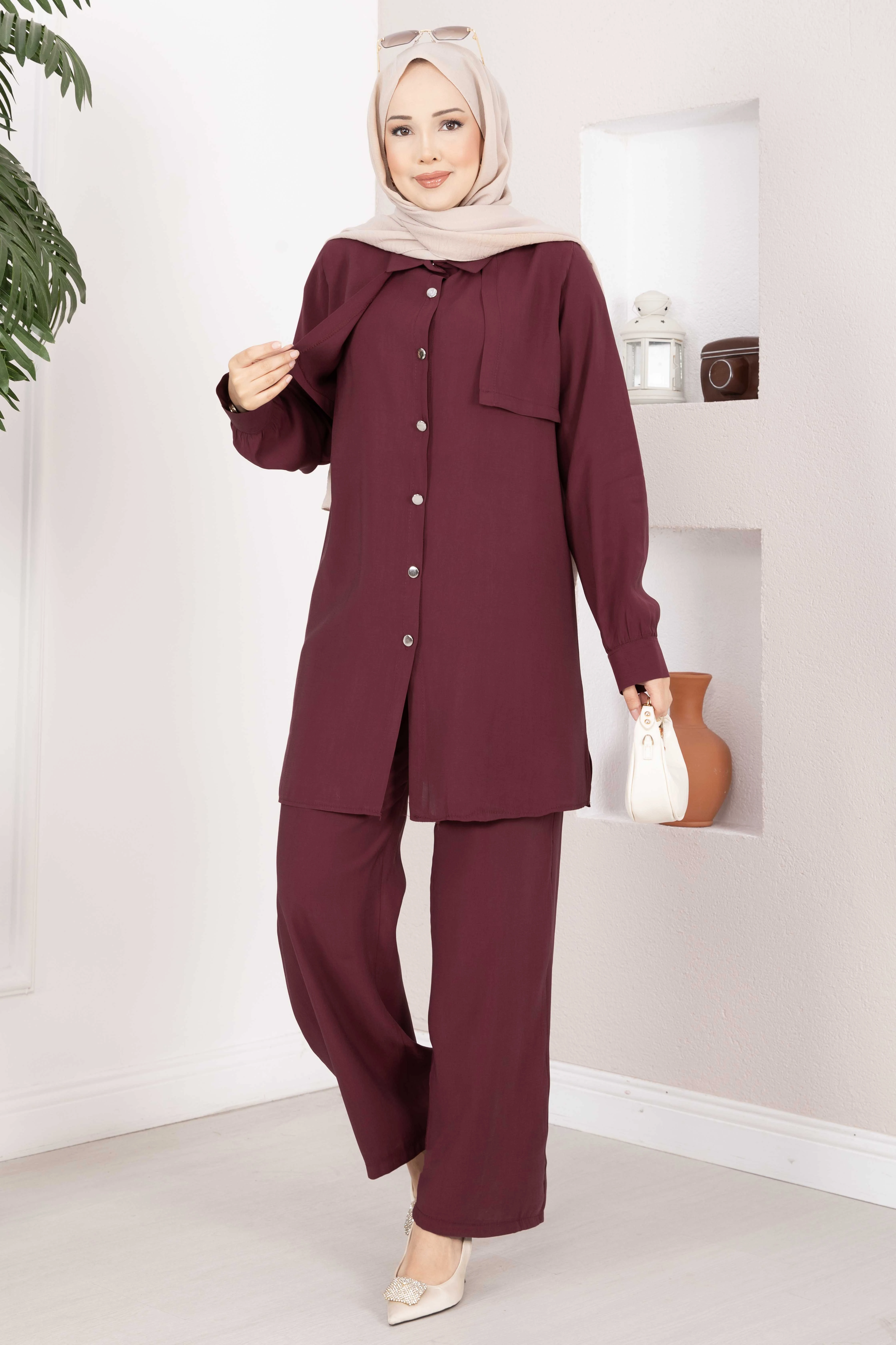Aller Detaylı Düğmeli Tunik Pantolon Takım Bordo