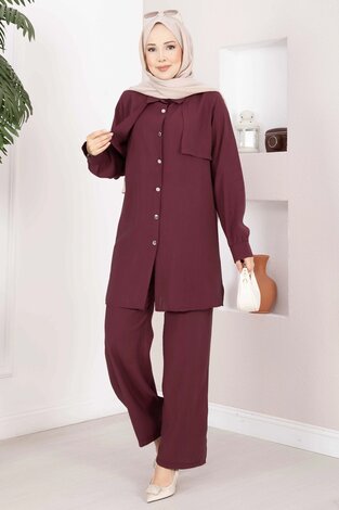 Aller Detaylı Düğmeli Tunik Pantolon Takım Bordo