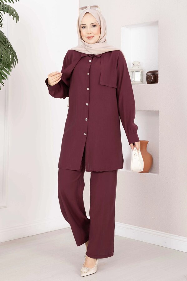 Zmr - Aller Detaylı Düğmeli Tunik Pantolon Takım Bordo