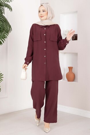 Aller Detaylı Düğmeli Tunik Pantolon Takım Bordo - 3