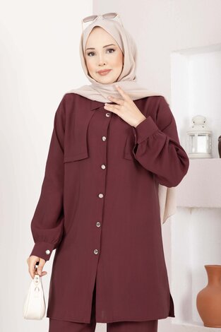 Aller Detaylı Düğmeli Tunik Pantolon Takım Bordo (1)