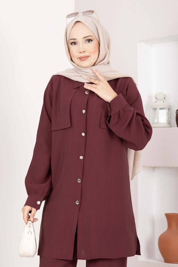 Zmr - Aller Detaylı Düğmeli Tunik Pantolon Takım Bordo (1)