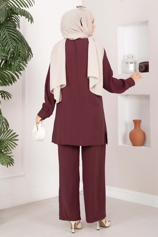 Aller Detaylı Düğmeli Tunik Pantolon Takım Bordo - 4