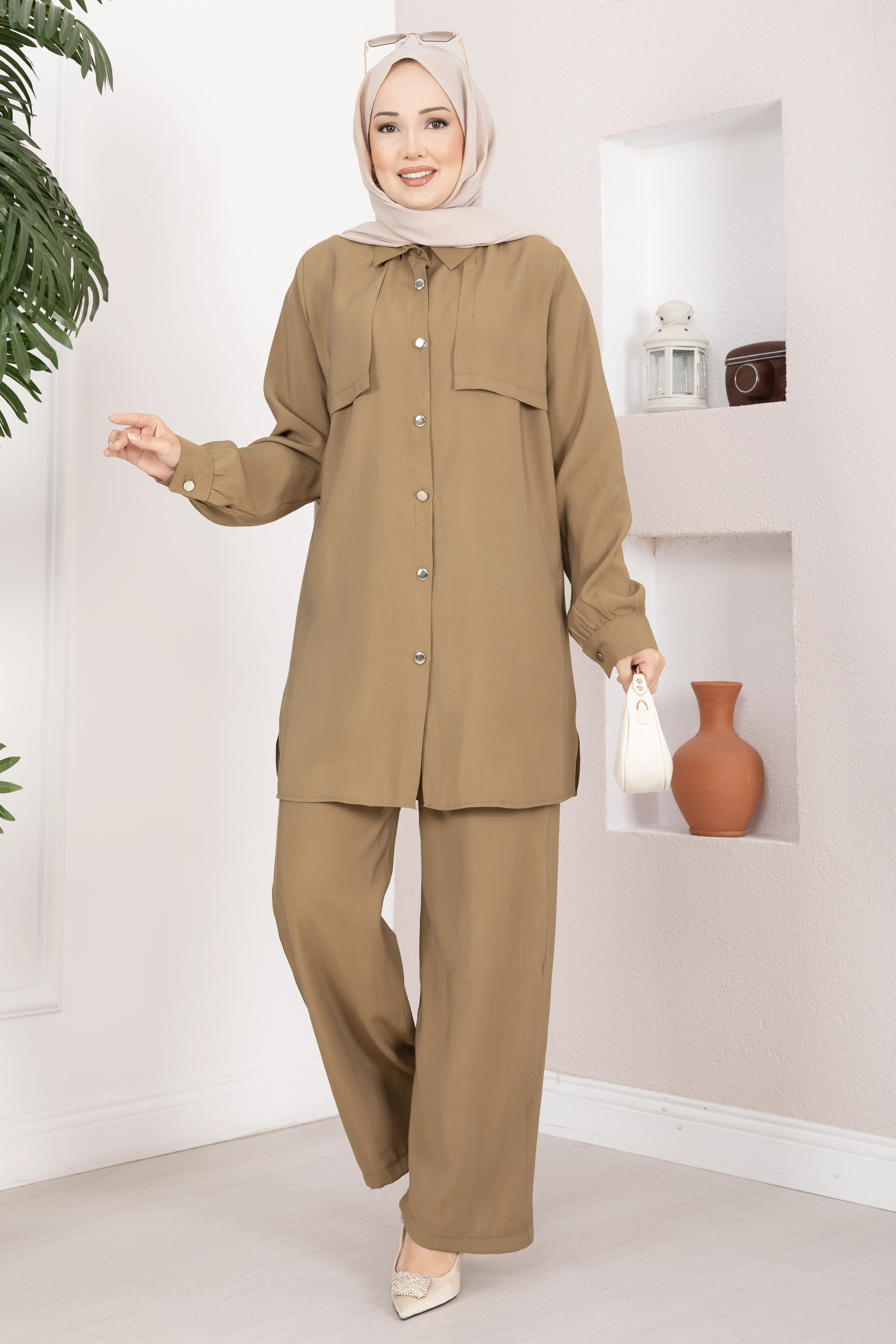 Zmr - Aller Detaylı Düğmeli Tunik Pantolon Takım Camel