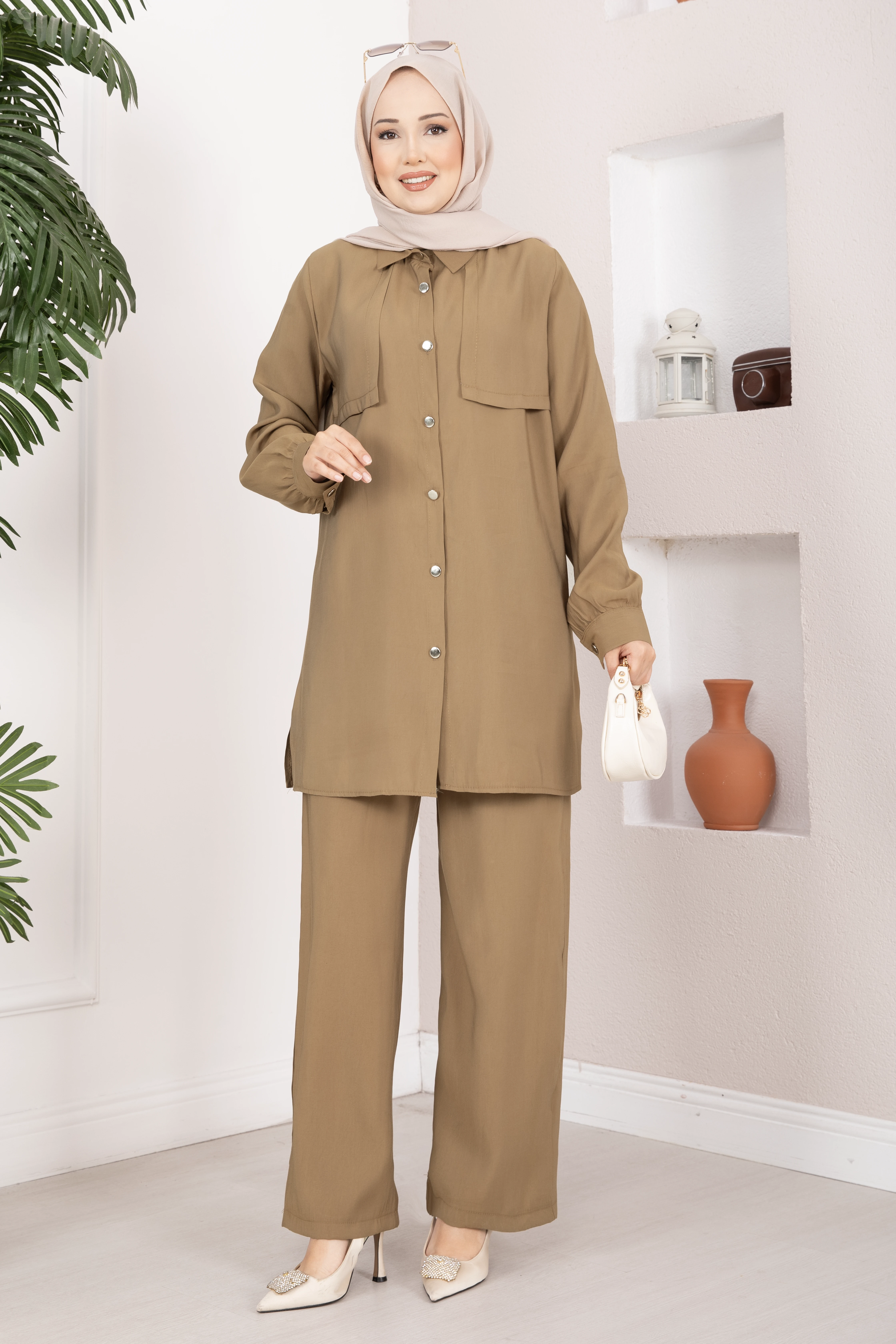 Aller Detaylı Düğmeli Tunik Pantolon Takım Camel - Thumbnail