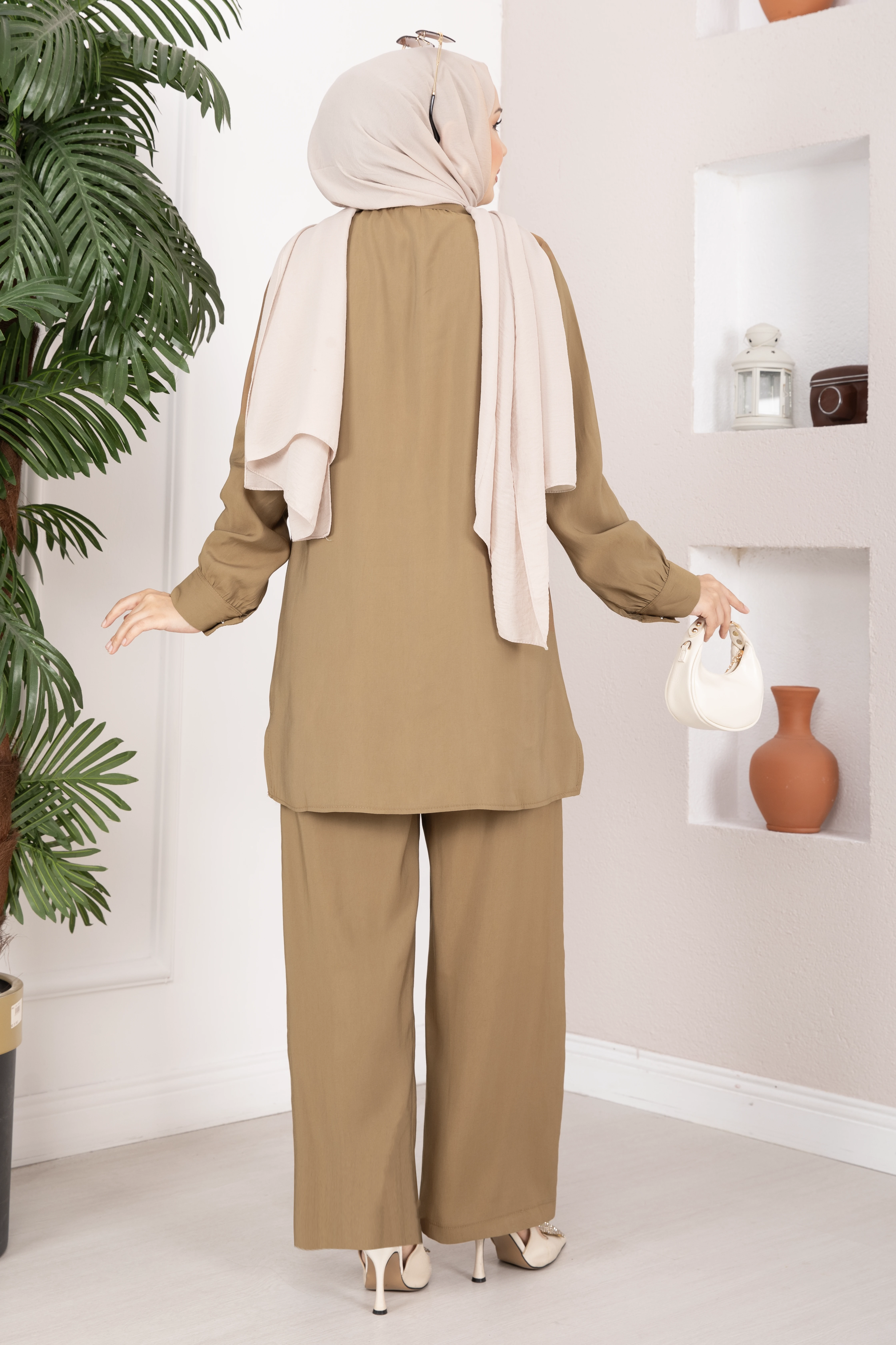 Aller Detaylı Düğmeli Tunik Pantolon Takım Camel - Thumbnail