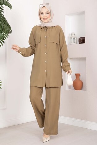 Aller Detaylı Düğmeli Tunik Pantolon Takım Camel