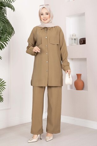 Aller Detaylı Düğmeli Tunik Pantolon Takım Camel - 3