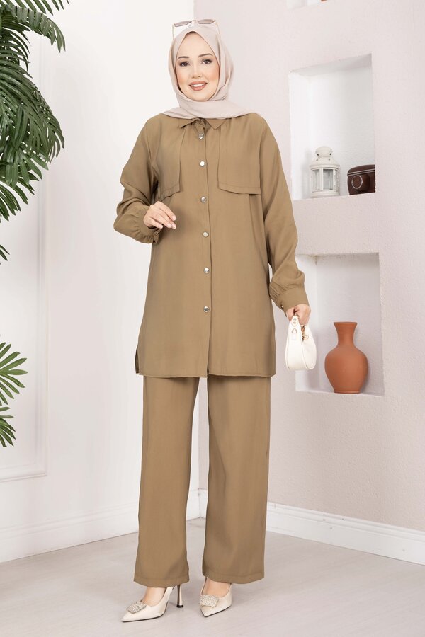 Aller Detaylı Düğmeli Tunik Pantolon Takım Camel - 3