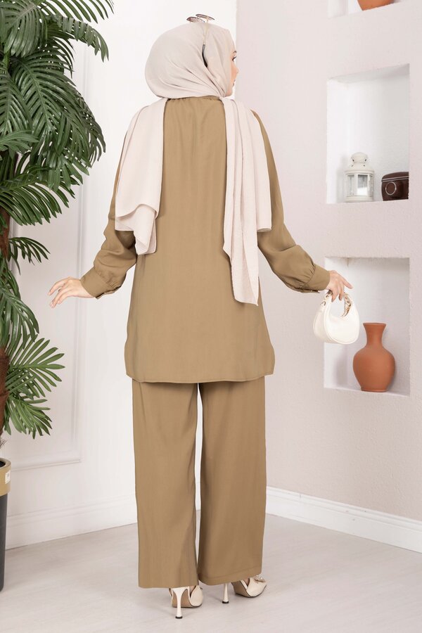 Aller Detaylı Düğmeli Tunik Pantolon Takım Camel - 4
