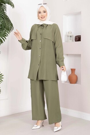 Aller Detaylı Düğmeli Tunik Pantolon Takım Haki