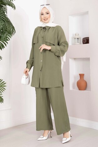 Aller Detaylı Düğmeli Tunik Pantolon Takım Haki - 3