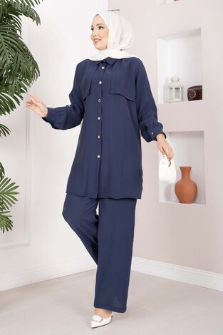 Aller Detaylı Düğmeli Tunik Pantolon Takım Lacivert - 3