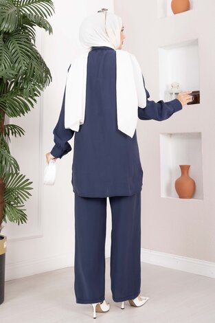 Aller Detaylı Düğmeli Tunik Pantolon Takım Lacivert - 4