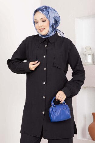 Aller Detaylı Düğmeli Tunik Pantolon Takım Siyah (1)
