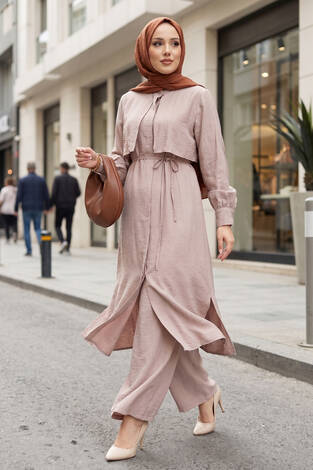 Aller Detaylı Pantolonlu İkili Takım Bej