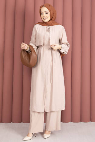 Aller Detaylı Pantolonlu İkili Takım Bej - Thumbnail