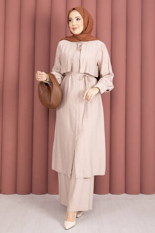 Aller Detaylı Pantolonlu İkili Takım Bej - Thumbnail