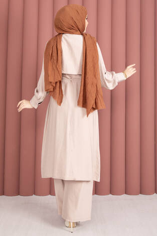 Aller Detaylı Pantolonlu İkili Takım Bej - Thumbnail