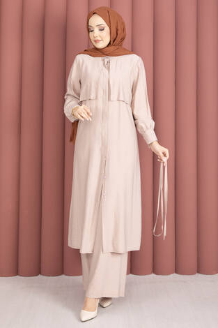 Aller Detaylı Pantolonlu İkili Takım Bej - Thumbnail