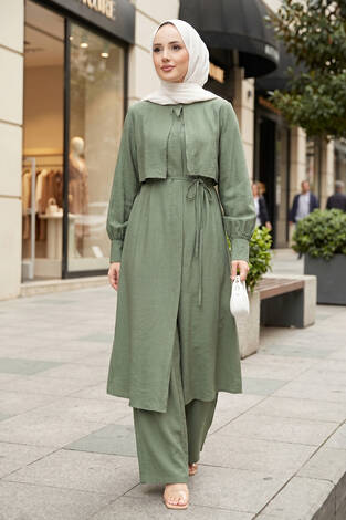 Aller Detaylı Pantolonlu İkili Takım Haki - Thumbnail