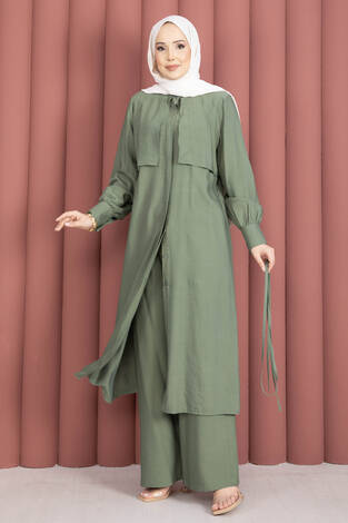 Aller Detaylı Pantolonlu İkili Takım Haki - Thumbnail