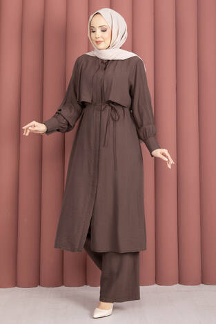 Aller Detaylı Pantolonlu İkili Takım Kahve - Thumbnail