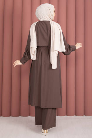 Aller Detaylı Pantolonlu İkili Takım Kahve - Thumbnail