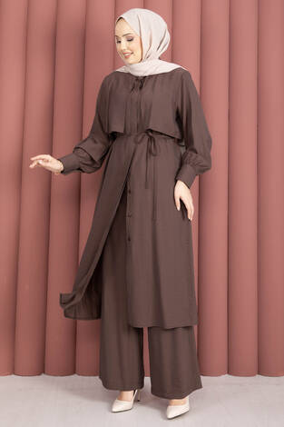 Aller Detaylı Pantolonlu İkili Takım Kahve - Thumbnail