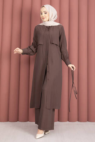 Aller Detaylı Pantolonlu İkili Takım Kahve - Thumbnail