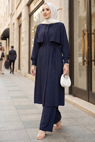 Aller Detaylı Pantolonlu İkili Takım Lacivert