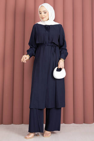 Aller Detaylı Pantolonlu İkili Takım Lacivert - Thumbnail