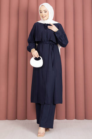 Aller Detaylı Pantolonlu İkili Takım Lacivert - Thumbnail