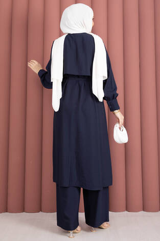Aller Detaylı Pantolonlu İkili Takım Lacivert - Thumbnail