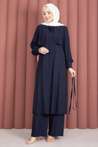 Aller Detaylı Pantolonlu İkili Takım Lacivert - Thumbnail