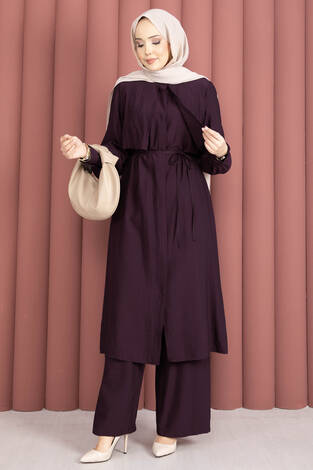 Aller Detaylı Pantolonlu İkili Takım Mürdüm - Thumbnail