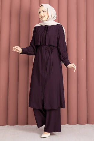 Aller Detaylı Pantolonlu İkili Takım Mürdüm - Thumbnail