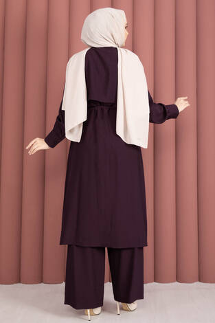 Aller Detaylı Pantolonlu İkili Takım Mürdüm - Thumbnail