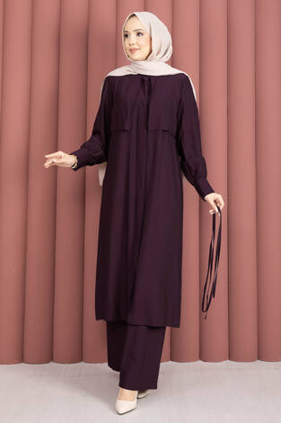 Aller Detaylı Pantolonlu İkili Takım Mürdüm - Thumbnail