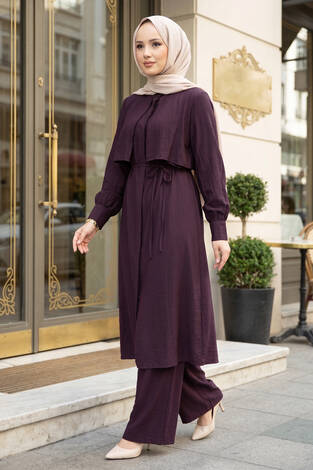 Aller Detaylı Pantolonlu İkili Takım Mürdüm