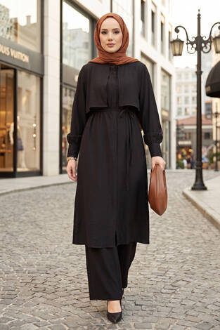 Aller Detaylı Pantolonlu İkili Takım Siyah