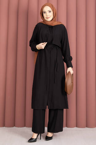 Aller Detaylı Pantolonlu İkili Takım Siyah - Thumbnail