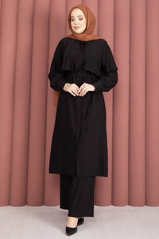 Aller Detaylı Pantolonlu İkili Takım Siyah - Thumbnail