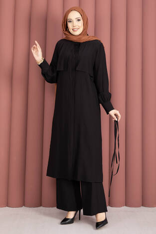 Aller Detaylı Pantolonlu İkili Takım Siyah - Thumbnail
