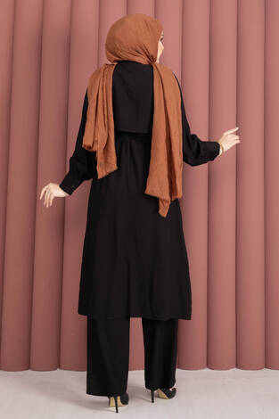 Aller Detaylı Pantolonlu İkili Takım Siyah - Thumbnail