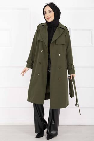 Allerli Seyyar Kuşaklı Premium Trençkot Haki - Thumbnail