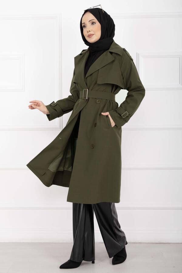 MD - Allerli Seyyar Kuşaklı Premium Trençkot Haki