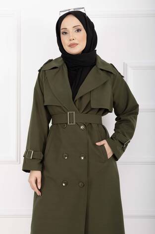 Allerli Seyyar Kuşaklı Premium Trençkot Haki - Thumbnail