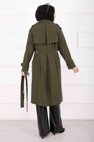 Allerli Seyyar Kuşaklı Premium Trençkot Haki - Thumbnail